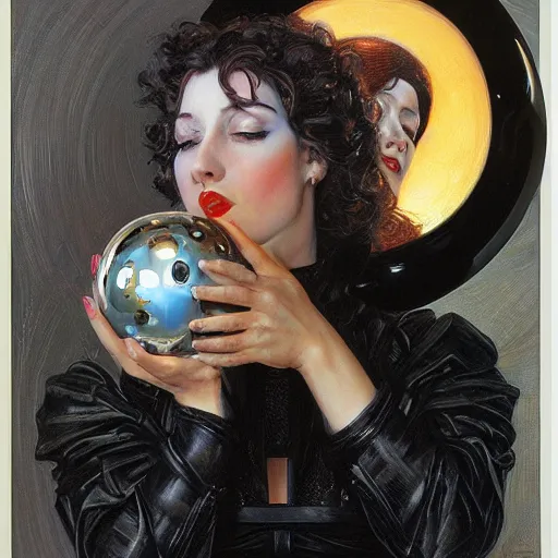 Image similar to portrait of a woman kissing a metal black sphere with a cute face painted on it, by donato giancola