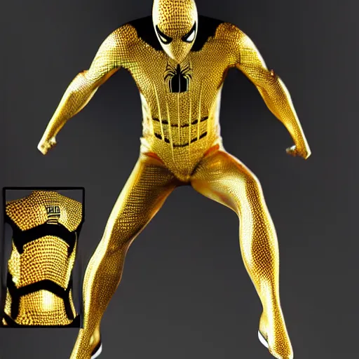 Image similar to gold spider - man suit with black web lining, cinematic, volumetric lighting, realistic, hyperdetailed, photorealistic, photograph