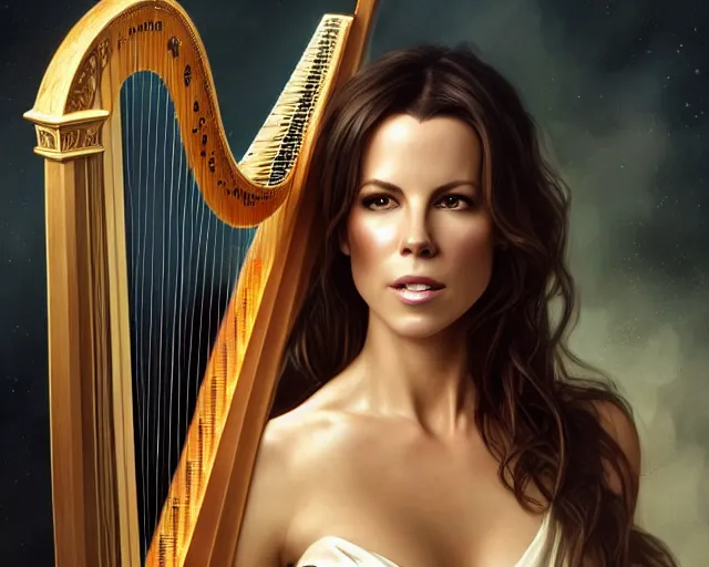 Image similar to photography of kate beckinsale with a harp singing 8 k, deep focus, d & d, fantasy, intricate, elegant, highly detailed, digital painting, artstation, concept art, matte, sharp focus, illustration, hearthstone, art by artgerm and greg rutkowski and alphonse mucha