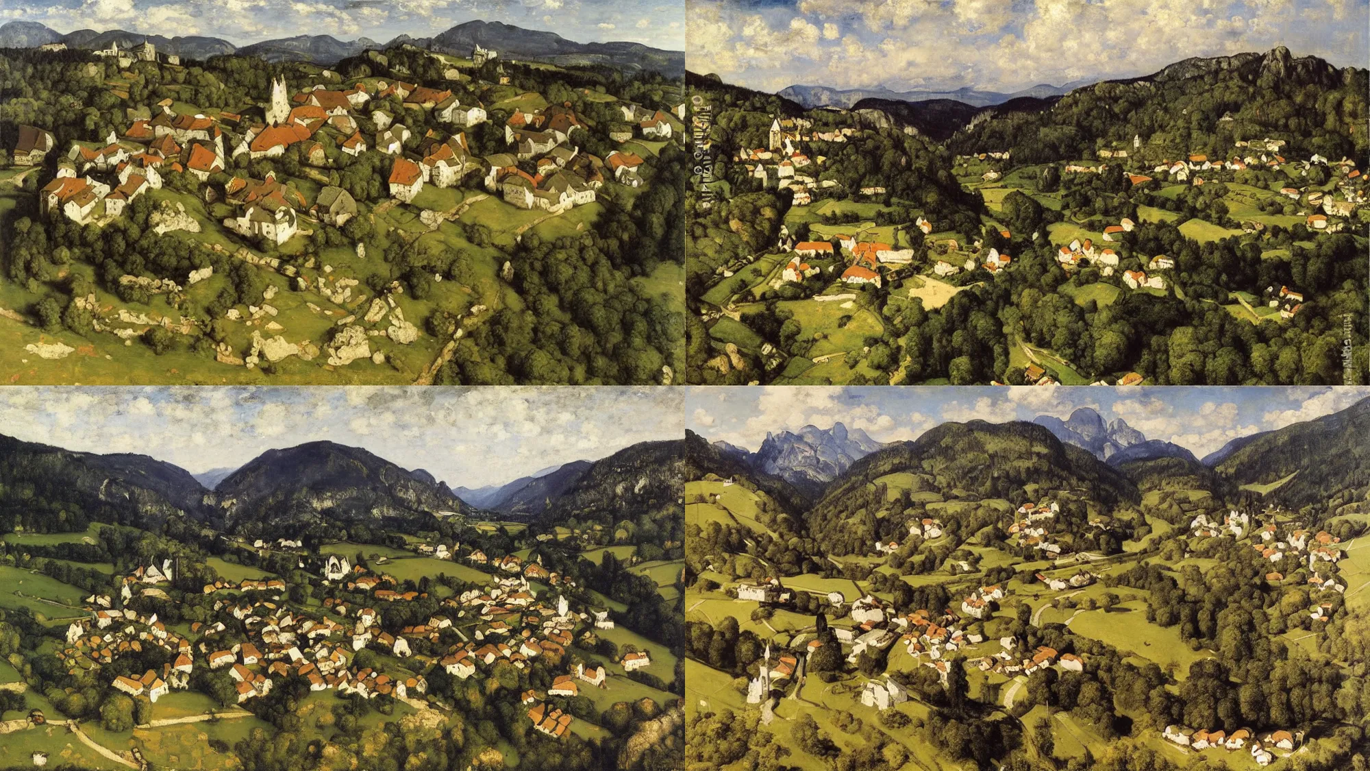 Prompt: High-Quality realist painting of a traditional Bavarian village in a valley by Gustave Courbet, aerial view, peaceful, very detailed, oil on canvas.