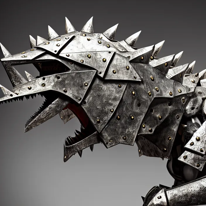 Image similar to photo of a warrior with metal stegosaurus themed armour and helmet, highly detailed, 4 k, hdr, smooth, sharp focus, high resolution, award - winning photo