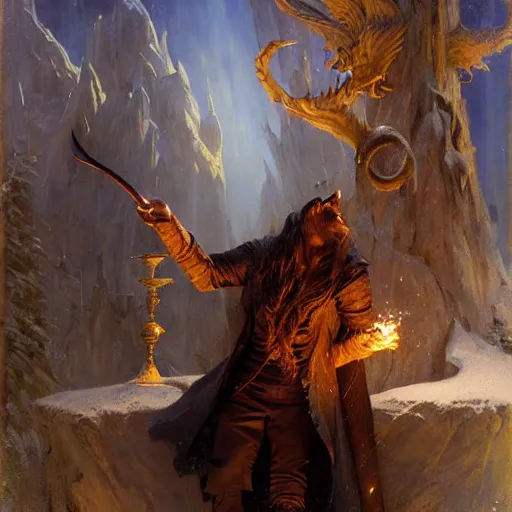 Prompt: stunning male wizard wolf casting his dark spell, highly detailed painting by gaston bussiere, craig mullins, j. c. leyendecker, 8 k