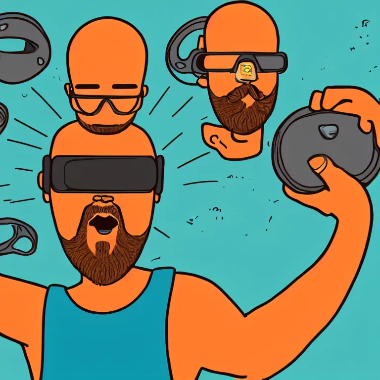 Prompt: illustration of a bald man wearing VR goggle implants, orange beard, masterpiece