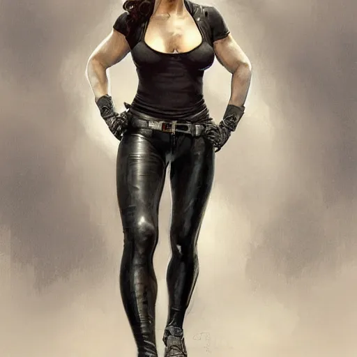 Image similar to a portrait of a woman wearing a white tank top and wearing lether gloves with black jeans and helmet, highly detailed, centered, digital painting, artstation, concept art, donato giancola, Joseph Christian Leyendecker, WLOP, Boris Vallejo, Breathtaking