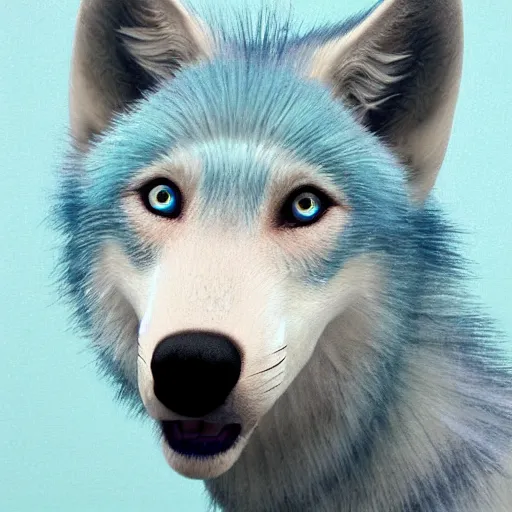 Prompt: pale blue wolf, pale green handkerchief, dark blue hair, dark blue spots, black nose, happy smile having fun, beige ears, beige mane, hyperrealistic, photo realistic, realistic, beautiful white lighting, in the middle of the day, hyperdetailed, very detailed, excellent composition