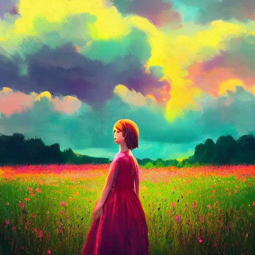 Image similar to girl with a flower face, surreal portrait photography, dreamlike, standing in flower field, in a valley, sunrise dramatic light, impressionist painting, colorful clouds, artstation, simon stalenhag