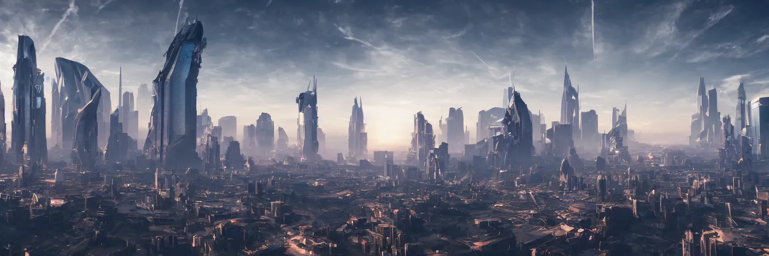 Image similar to majestic futuristic city of angels, epic scale, dramatic buildings, cinematic sky, 8 k, unreal engine 5