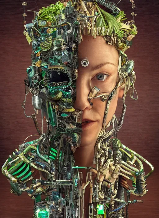 Image similar to hyper - detailed fine painting of a synthetic humanoid cyborg hybrid half cybernetic and half made of plants and wood, concept art magical highlight, full color tribal and technologic art