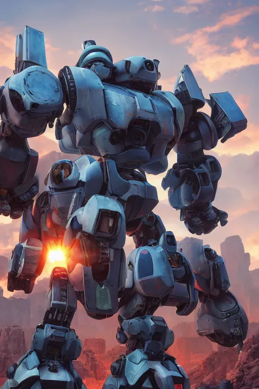 Image similar to mechwarrior 5 : mercenaries mech megaman transformer robot boss tank engine game octane render, 4 k, hd 2 0 2 2 3 d cgi rtx hdr style chrome reflexion glow fanart, global illumination ray tracing hdr fanart arstation by ian pesty by jesper ejsing pixar and disney unreal zbrush central hardmesh