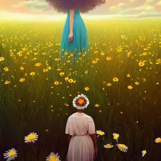 Image similar to full body daisy flower head, girl standing in a flower field, head hidden behind huge daisy flower, surreal photography, sunrise, dramatic light, impressionist painting, colorful clouds, digital painting, artstation, simon stalenhag