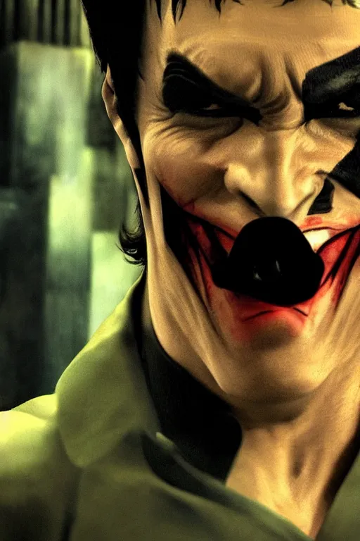 Image similar to A still of Bruce Lee as Joker in The Dark Knight 2008, close-up, sigma male, rule of thirds, award winning photo, unreal engine, studio lighting, highly detailed features, Gotham setting