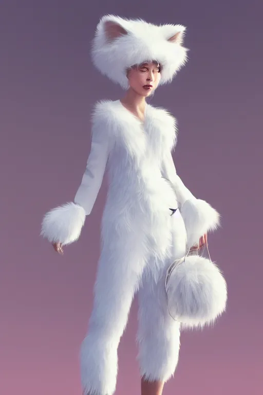 Image similar to beautiful aesthetic full body digital illustration of a young woman wearing a furry white cat costume by wlop and Julia Razumova, realistic, photorealistic, hyperrealistic, unreal engine, octane, deviantArt, trending on artstation, artstation HQ