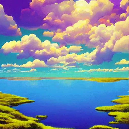Prompt: a painting of clouds and a body of water, digital art by rhads, featured on pixiv, digital art, seapunk, chillwave, anime aesthetic