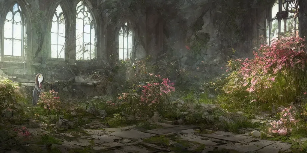 Image similar to anime kyoto animation key by greg rutkowski, perfectly detailed android girl in abandoned chapel with overgrown flowers and plants