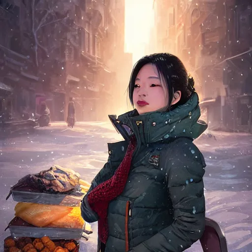 Image similar to the portrait a beautiful grocery young asia woman in down jacket, with a goosethe background is dust earth road ， river winter an snow, illustration by wenjun lin, irakli nadar, bright colors, octopath traveler, wenjun lin, unreal engine 5 highly rendered, global illumination, radiant light, detailed and intricate environment