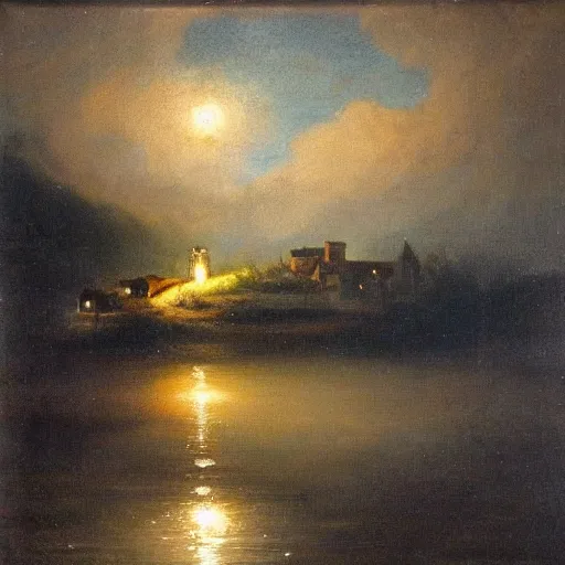 Image similar to a lamplit village on the coast of a lake, deep underground oil on canvas