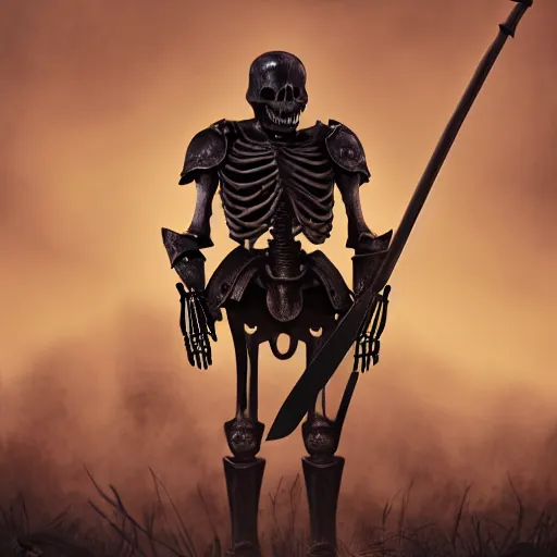 Prompt: in the style of shannon perry, a skeleton knight in black full plate armor standing on the battlefield surrounded by dead bodies, golden hour, shallow depth of field, moody lighting, 8 k, concept art,