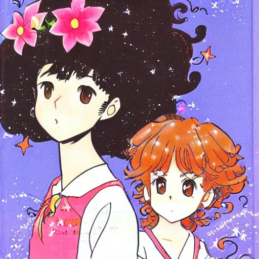 Image similar to a shoujo manga cover with a girl with big sparkly eyes and brown curly hair, in the style of naoko takeuchi ( 1 9 8 0 s )