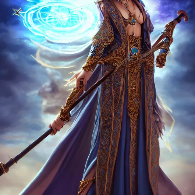 Image similar to beautiful elemental sky witch with ornate robes and staff, highly detailed, 4 k, hdr, smooth, sharp focus, high resolution, award - winning photo, artgerm, photorealistic