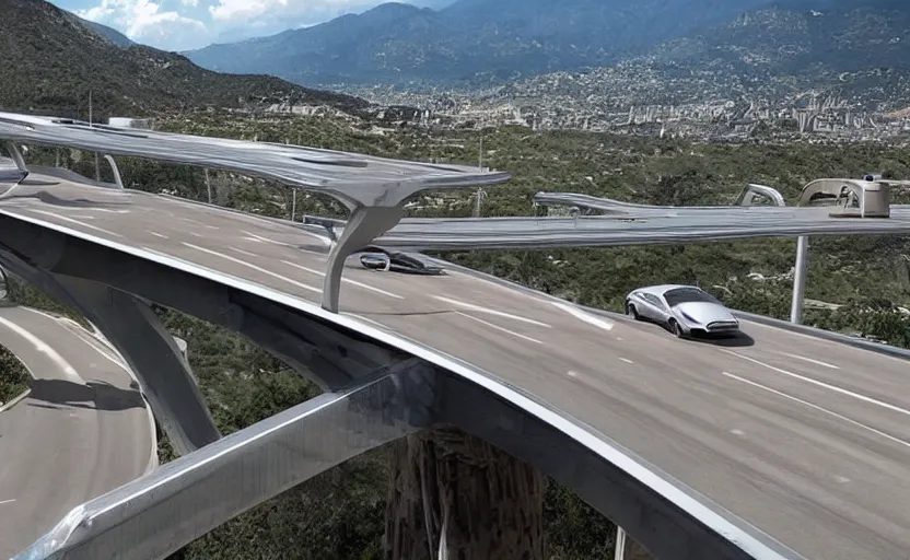 Prompt: futuristic car driving on elevated highway above a valley made of chrome tiles