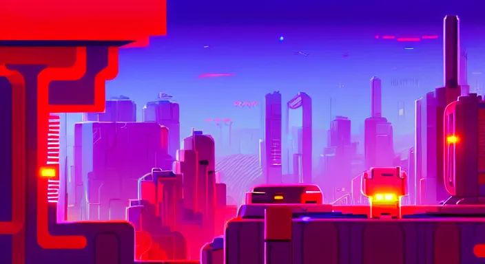 Image similar to beauiful background painting of night level of a 2 d sidescroller game, in a futuristic city in an alien world, orange sky, video game art, pixel art, concept art, surreal and charming, synthwave, ultra detailed, cool lighting, trending on artstation