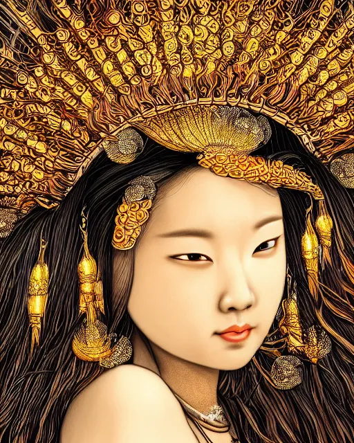 Image similar to hyper realistic portrait photo of ameterasu the sun goddess of japan, portrait shot, intricate detail