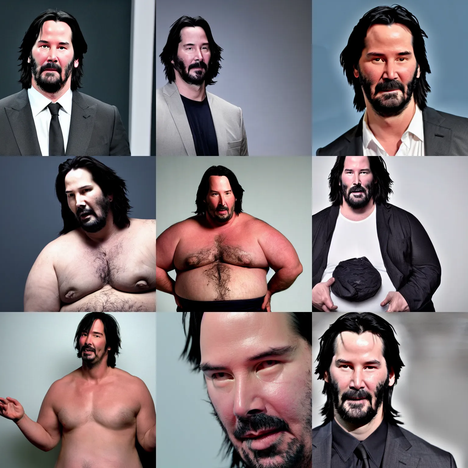 Prompt: obese keanu reeves holds his exposed belly on close up, studio lighting, real photograph, 8 k film still