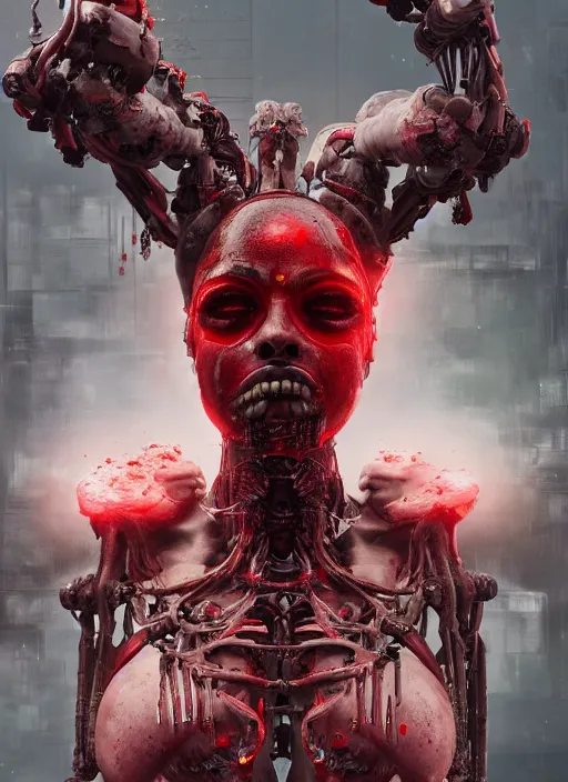 Image similar to cyborg goddess face, red liquid dripping from above, 8k details, high details, sinister vibe, dark room, many wires attached to her, rib cage exposed, bodies in the back, menacing look, octane render, hyper realistic by h.r. giger and peter mohrbacher