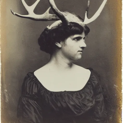 Prompt: Portrait of a 19th century woman with antlers, 1900s photography