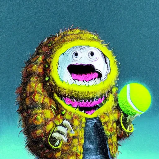 Image similar to a tennis ball monsters, wearing a puffy jacket,, digital art, fantasy, magic, chalk, trending on artstation, ultra detailed, professional illustration by basil gogos