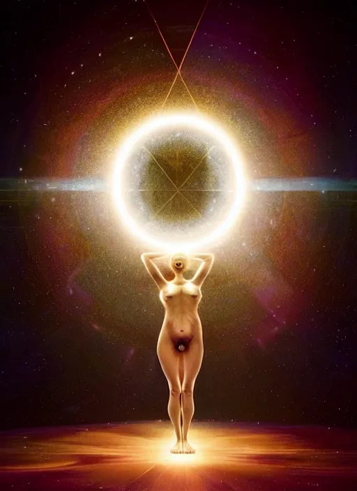 Image similar to magical birth of a human, sacral geometry, highly detailed, magic, space, epic, absolute symmetric, ring of light, by leonardo da vinci, volumetric lighting, beautiful, golden hour, sharp focus, ultra detailed, cgsociety by leesha hannigan, ross tran, thierry doizon, kai carpenter, ignacio fernandez rios, noir photorealism, film