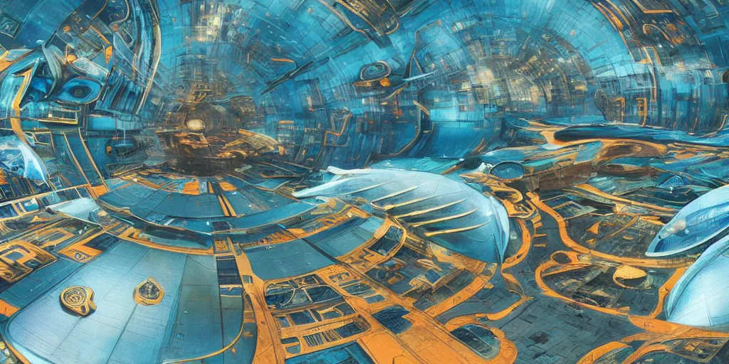 Prompt: cinematic still of hyper detailed realistic afro futurist spaceport designed by frank lloyd wright architect, retro flying aircraft cyborgs, deep perspective, wide angle, insanely detailed and intricate, teal gold and orange color scheme,