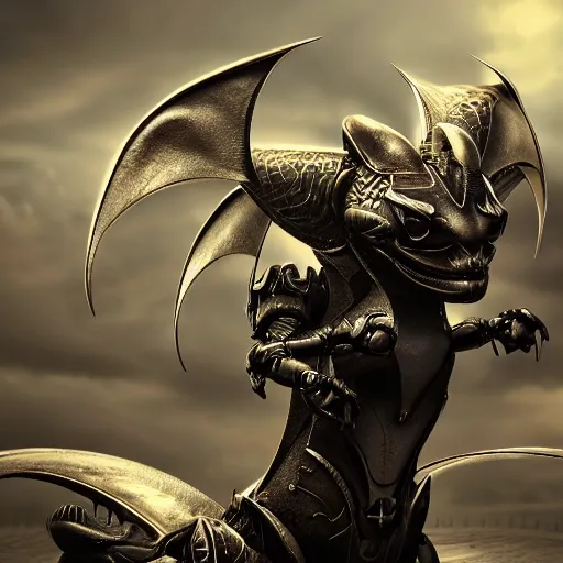 Image similar to amazing close-up shot of a cute and beautiful anthropomorphic robot female dragon, has two eyes, a sleek yet elegant design of metal plating, with two big epic wings behind her, two arms, the background is of the beach at night; high quality digital art, artstation, deviantart, furaffinity, high quality detail