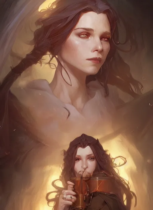 Image similar to female wizard, pale, fantasy, D&D, portrait, highly detailed, digital painting, artstation, concept art, sharp focus, illustration, art by artgerm and greg rutkowski and alphonse mucha