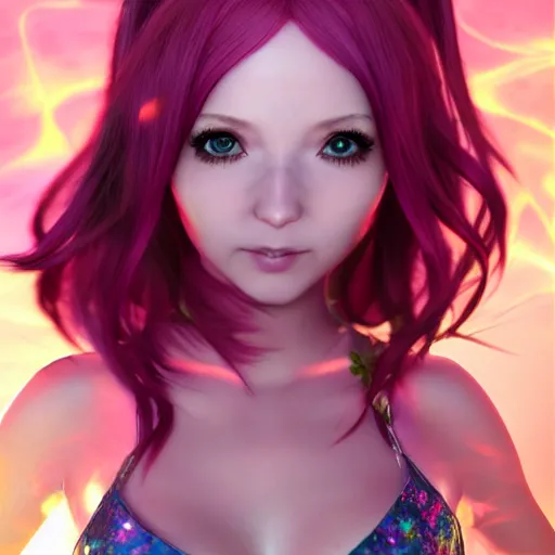 Image similar to A beautiful portrait of a character from the rainbow sky paradise in the process of transforming into her magical girl outfit, Pixiv 3DCG, Daz Studio