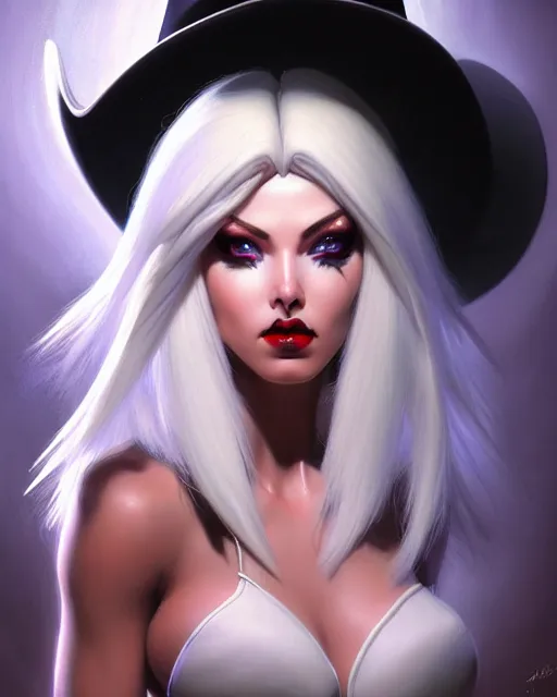 Image similar to ashe from overwatch, white hair, black cowboy hat, character portrait, portrait, close up, highly detailed, intricate detail, amazing detail, sharp focus, vintage fantasy art, vintage sci - fi art, radiant light, caustics, by boris vallejo