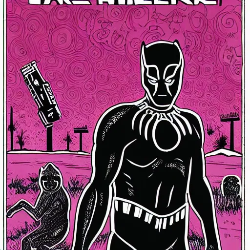 Image similar to tarkovsky stalker movie posters black panther cat prowling style of “ daniel clowes ” line art