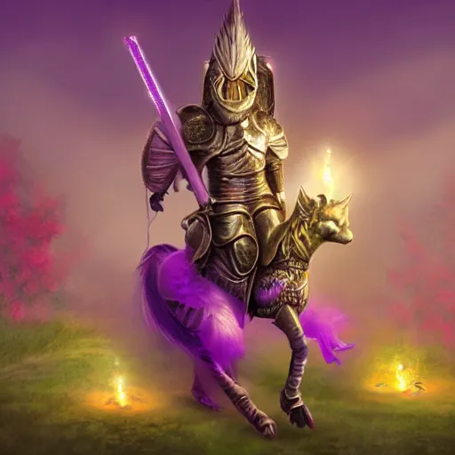 Prompt: female knight riding a chimera, holding a violet torch that lights up the dark forest during the night photorealistic