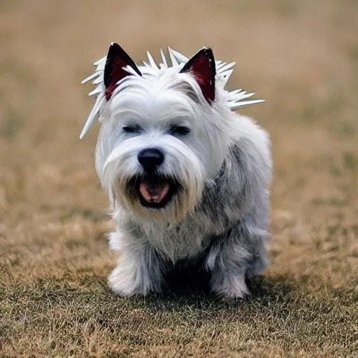 Image similar to “ west highland terrier clad in iron armor with spikes, with a gun glued to his head. ”