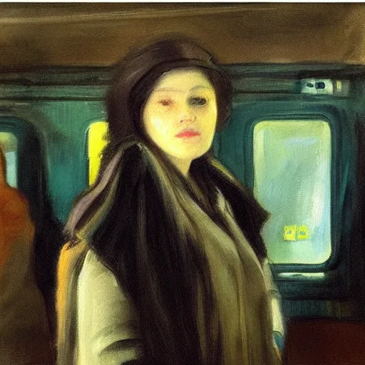 Image similar to “ a girl in the new york city subway, oil painting, by george bellows ”