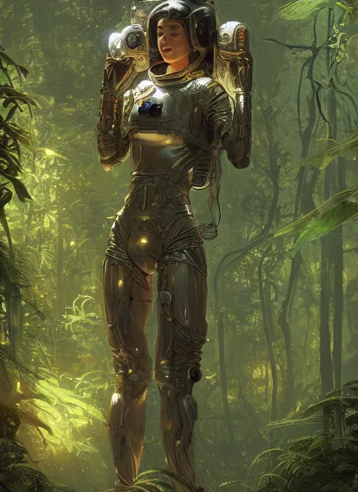 Image similar to a beautiful anatomically correct female sci-fi astronaut exploring a magical rain forest, D&D, fantasy, intricate, cinematic lighting, highly detailed, digital painting, artstation, concept art, smooth, sharp focus, illustration, art by Terry Moore and Greg Rutkowski and Alphonse Mucha