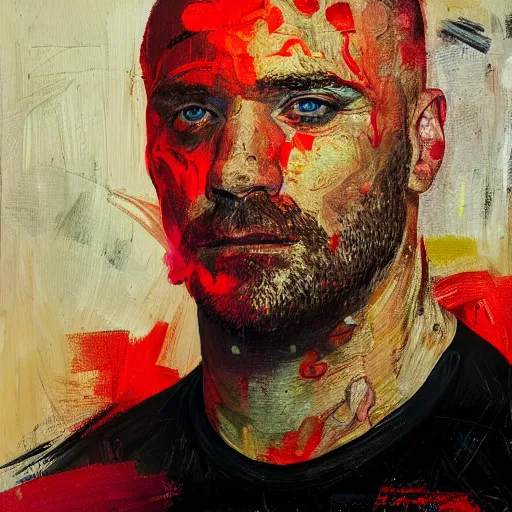 Image similar to Portrait of Mariusz Pudzianowski in the style of Disco Elysium, painting by Jenny Saville and Pavlo Guba, black and red monochromatic