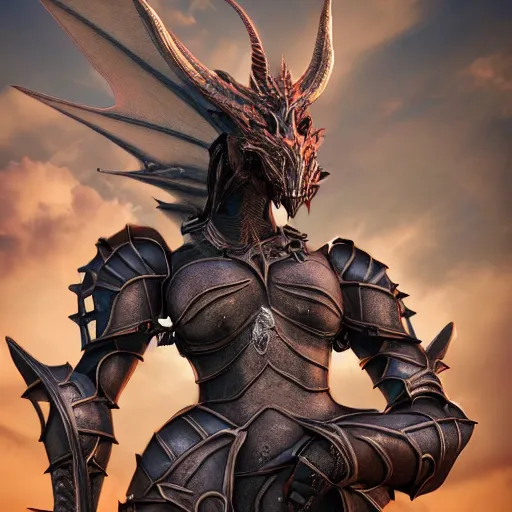 Image similar to highly stunning shot of a beautiful anthropomorphic female knight but as a hot dragon, doing a majestic pose, well detailed female dragon head, armor made of steel, sharp claws, HD octane render, epic cinematography, fantasy, Artstation, Deviantart, Furaffinity