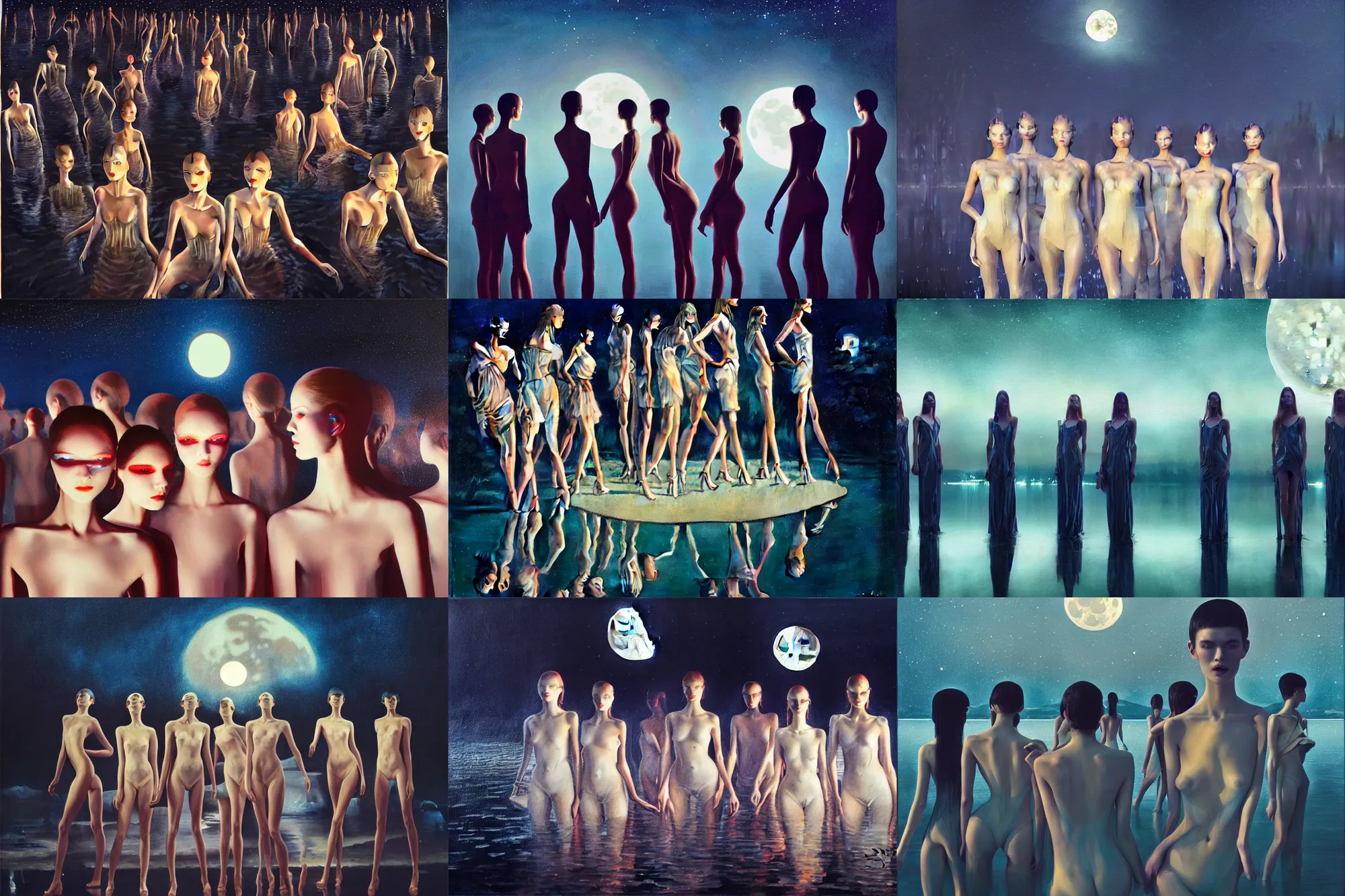 Prompt: 3 d, close - up, night, group of screaming fashion models standing in a night lake, moon ryas, vogue cover style, cinematic, realistic painting, intricate oil painting, high detail, figurative art, multiple exposure, poster art, 3 d, by stanley kubrick and tooth wu and wlop and beeple and greg rutkowski