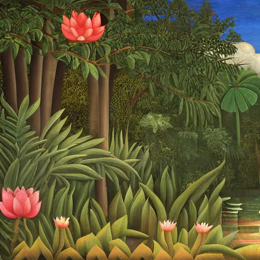 Image similar to fresco in naive art style by henri rousseau with dragon and lotuses, dark faded colors, highly detailed, unreal engine, photorealism