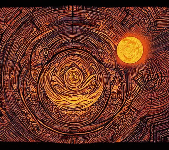 Prompt: pyrography cosmic convergence by Dan Mumford and by Dan Witz