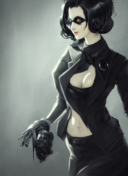 Image similar to a highly detailed illustration of beautiful short black messy haired woman wearing eyepatch and noir style suit and tie, yellow eyes, dramatic smiling pose, intricate, elegant, highly detailed, centered, digital painting, artstation, concept art, smooth, sharp focus, league of legends concept art, WLOP