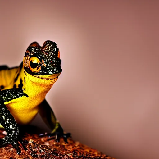 Image similar to an award winning photo of shiny golden black gecko looking at the camera, cute, nature photography, National Geographic, 4k