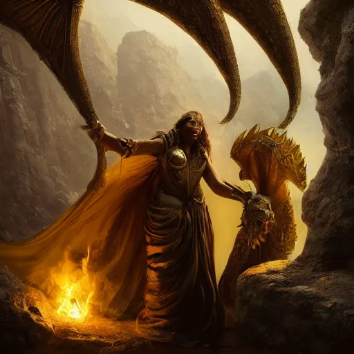 Prompt: Dragons hoarding gold and beautiful women wrapped in cloth , in a cave made of basalt, painted by Brad Rigney, high quality painting. cinematic, hyper realism, high detail, 4k.