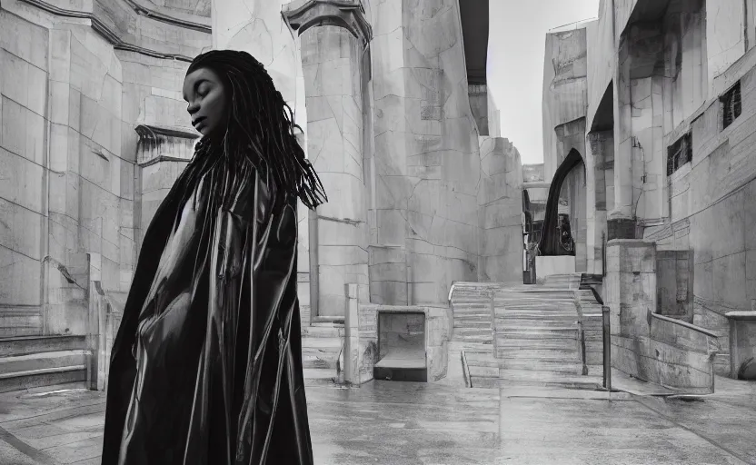 Prompt: beautifully lit fashion portrait of extremely beautiful black female marble statue wearing huge oversize quilted flowing floor length long puffer jacket by dingyun zhang, yeezy, balenciaga, vetements, a cold wall, sharp focus, clear, detailed, romantic, brutalist architecture in background, detailed, white, soft, symmetrical, vogue, editorial, fashion, magazine shoot, glossy